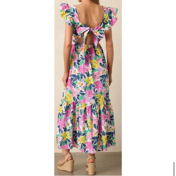 Meet Me In Santorini Medium Floral Flutter Sleeve Tie Back Cut Out Maxi Dress - Picture 2 of 9